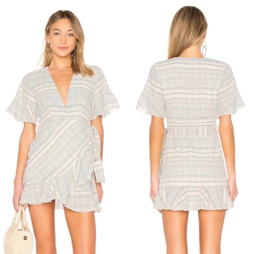 MAJORELLE Revolve Portia Cotton Gray White Striped Wrap Dress Women's Size Large